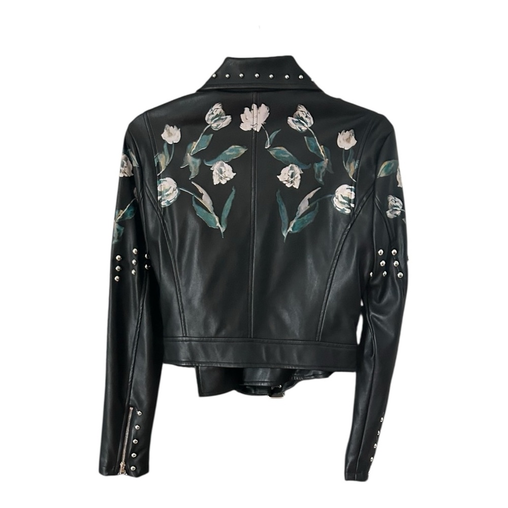 Bebe Black Faux Leather Moto Jacket Sz S Black w/Floral Detail Studded Zippers - Picture 5 of 10